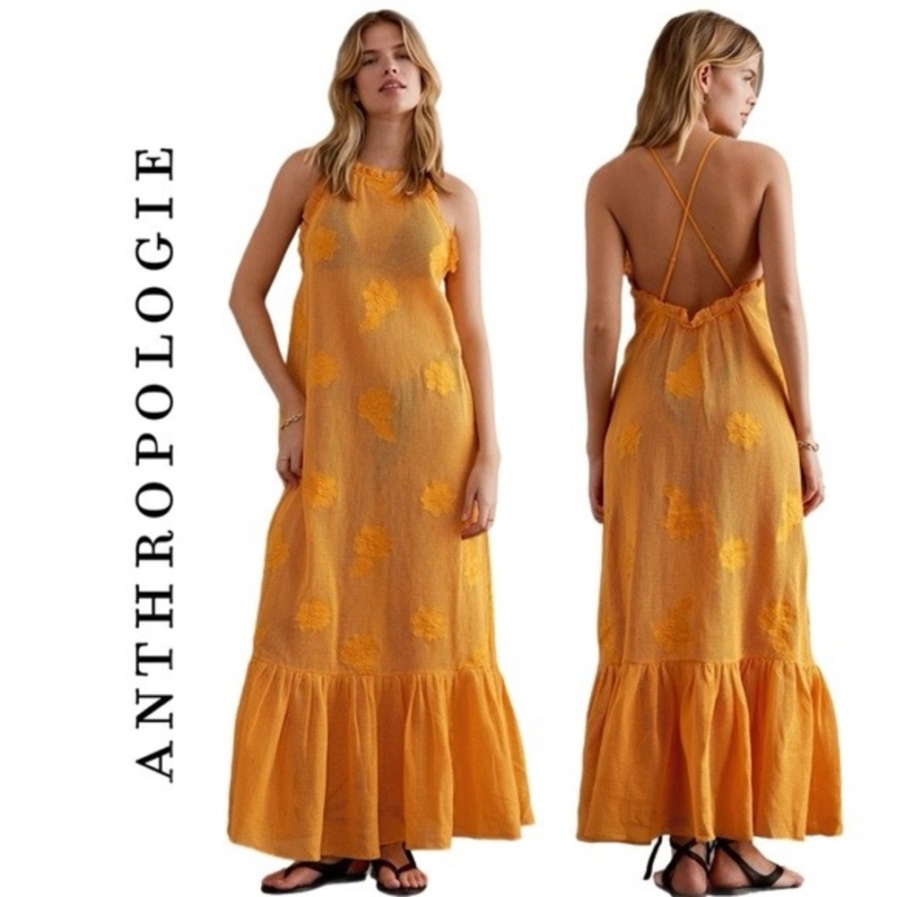 Anthropologie Malika Crochet Embroidered Maxi Dress Marigold Yellow Mβ